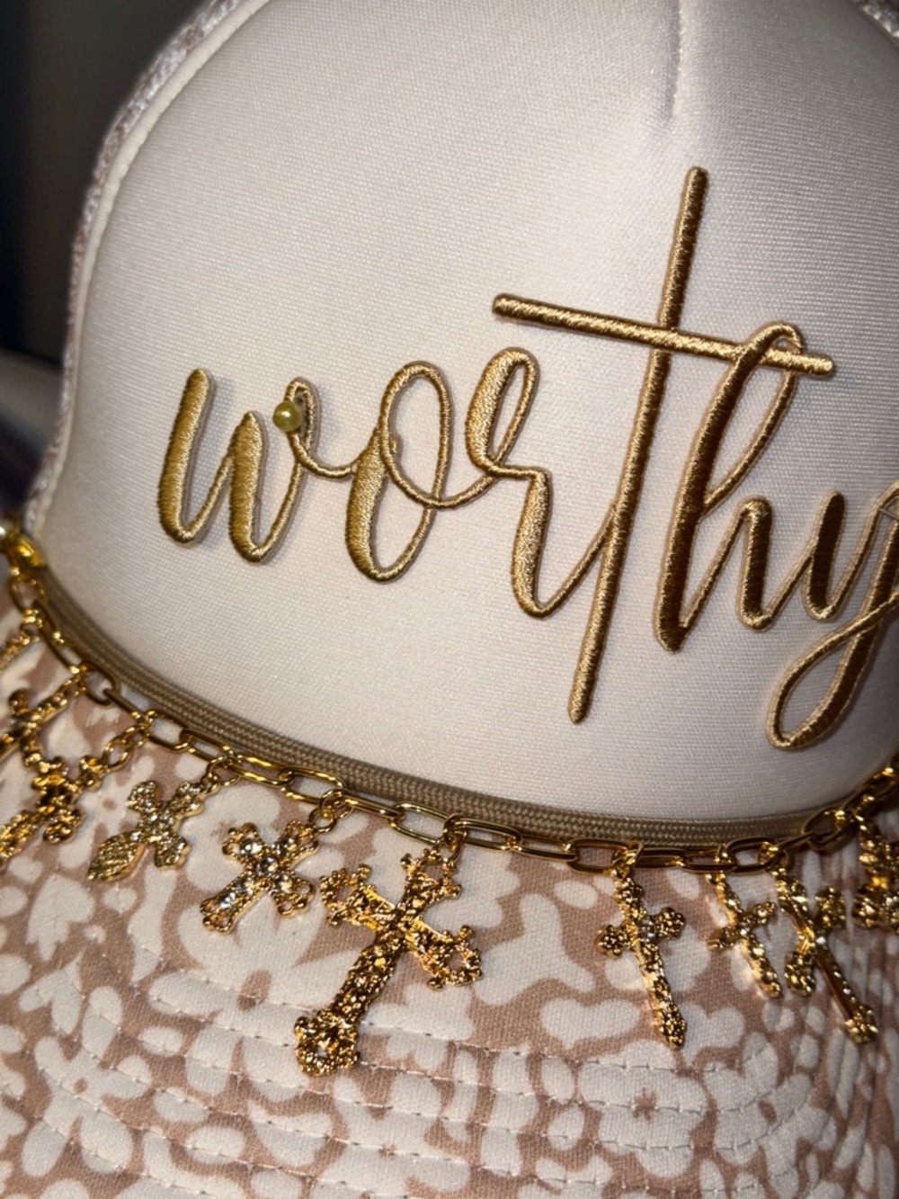 Worthy on Flowered Trucker Hat with Gold Cross Chain